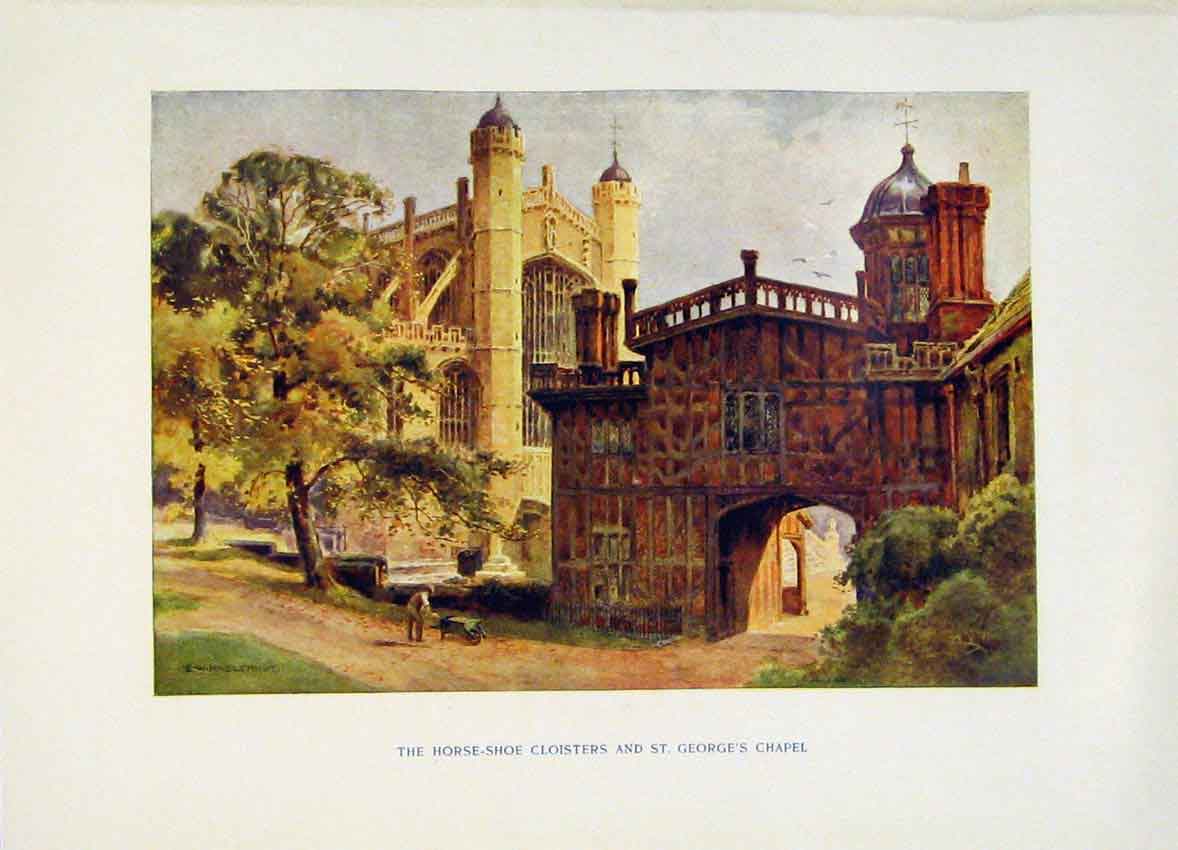 Original Old Antique Print Horse Shoe Cloisters Georges Chapel Windsor Haslehust