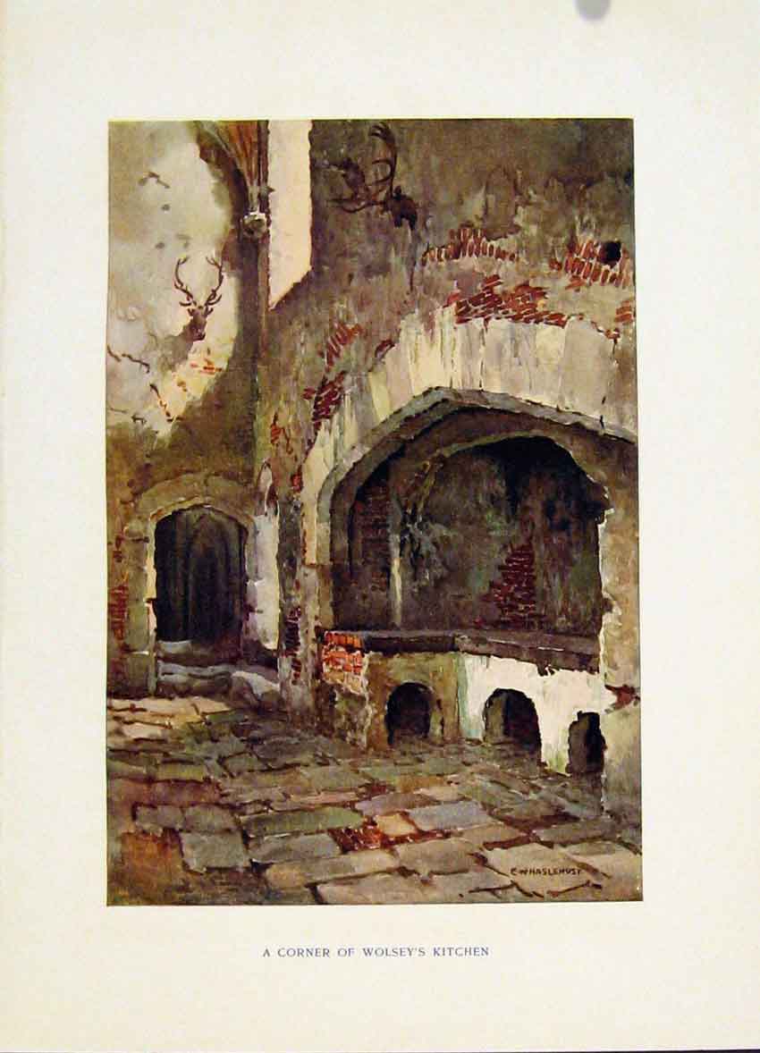 Original Old Vintage Print Corner Wolsey Kitchen C1920 Haslehust Hampton Court