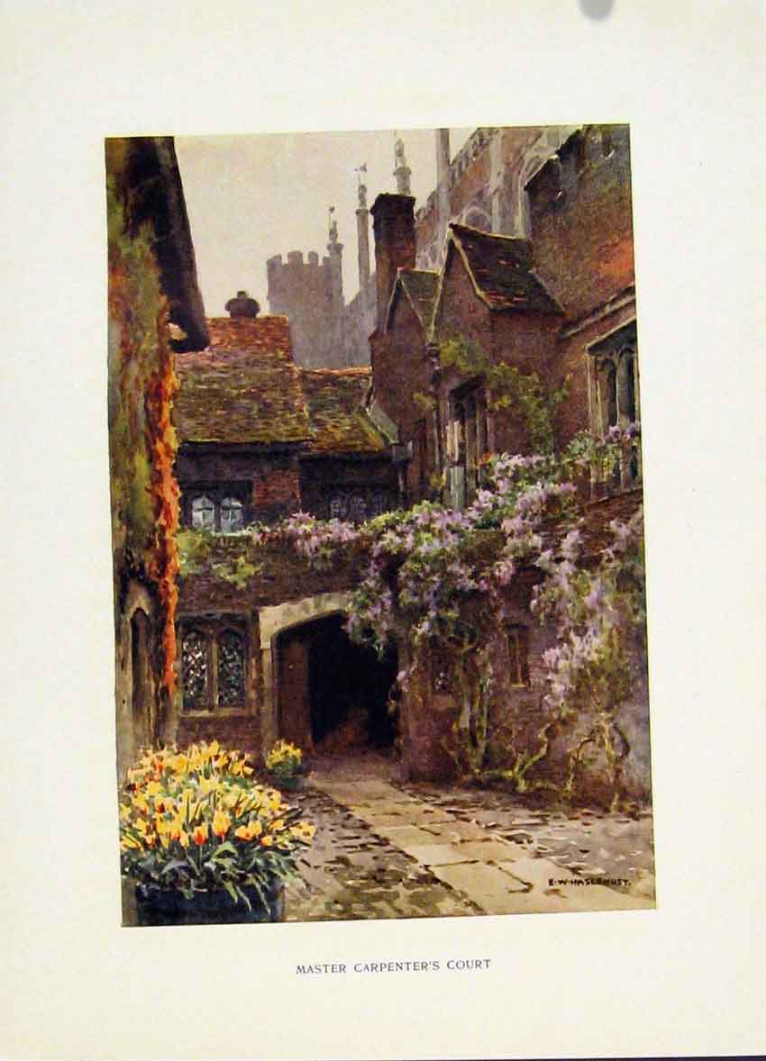Original Old Antique Print Painting By Haslehust Hampton Court Master Carpenters