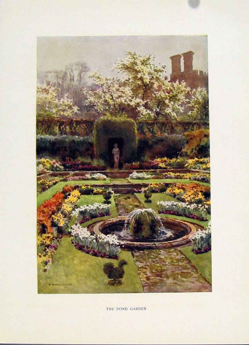 Old Vintage Print Pond Garden Color Fine Art Painting By Haslehust C1920 20th