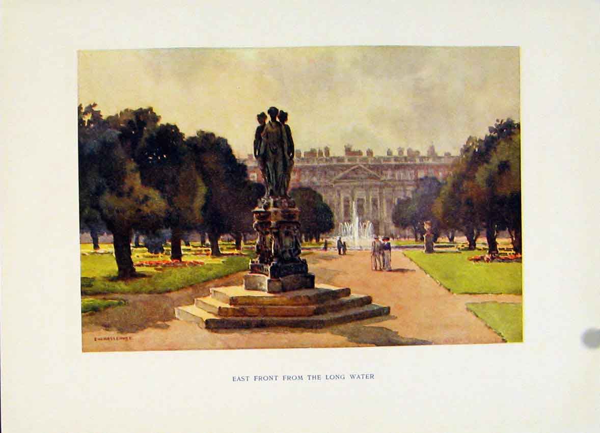 Old Antique Print Hampton Court East Front Long Water Haslehust Painting