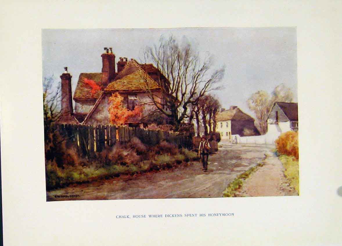 Original Old Antique Print Chalk House Dickens Honeymoon Painting By Haslehust
