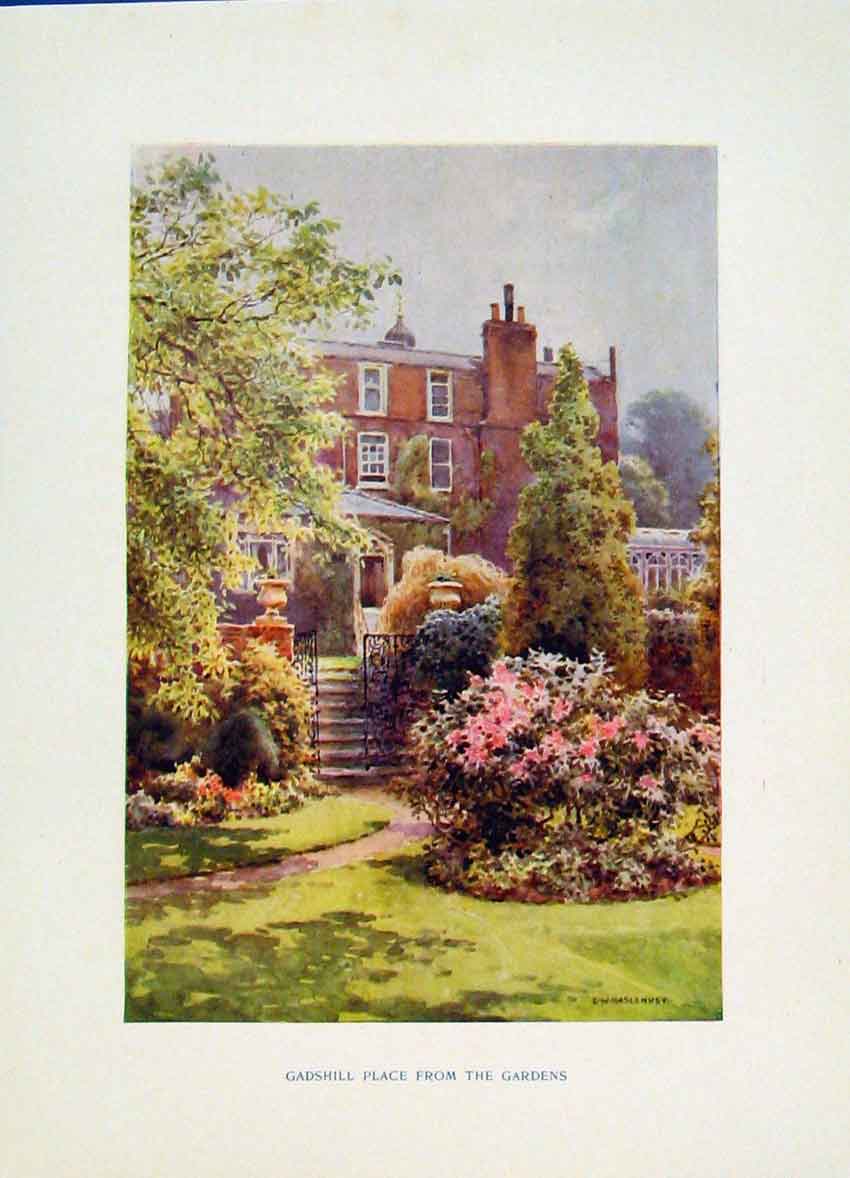 Original Old Vintage Print Gadshill Place Gardens C1920 Color Painting Haslehust