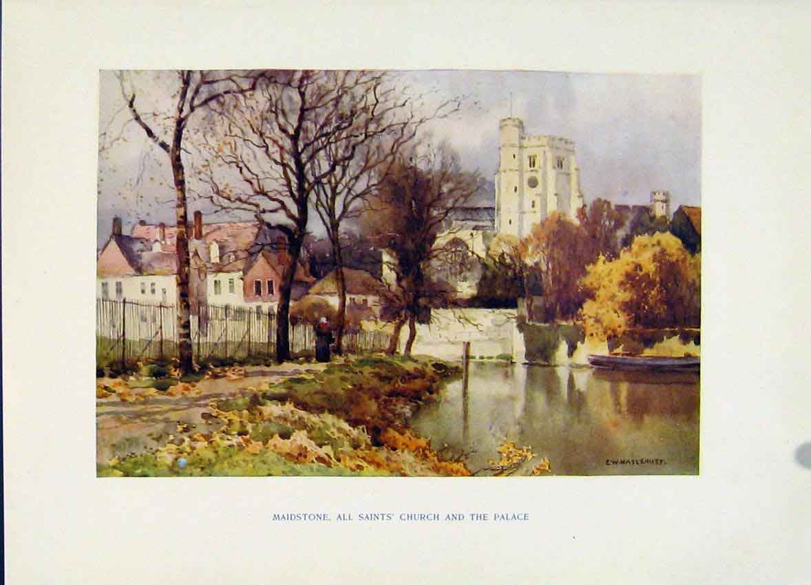 Old Vintage Print C1920 Painting By Haslehust Maidstone All Saints Church 20th