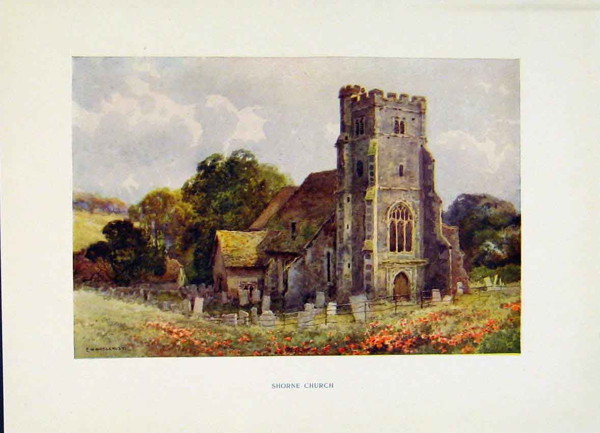 Original Old Antique Print Shorne Church Painting By Haslehust Color