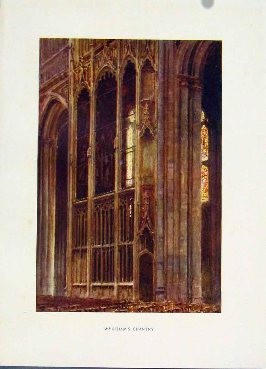 Old Antique Print Painting By Haslehust Color Winchester Wykehams Chantry