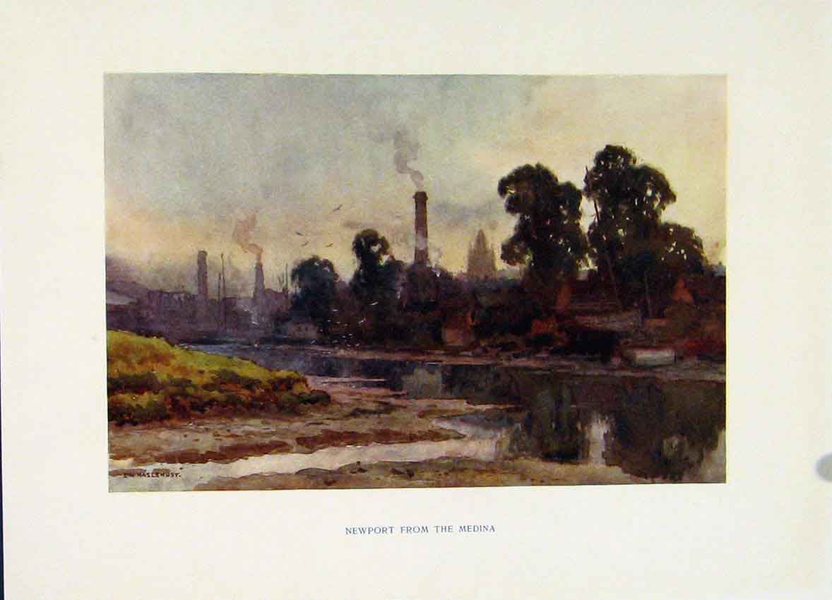Original Old Vintage Print Haslehust Isel Wight Newport Medina Painting C1920
