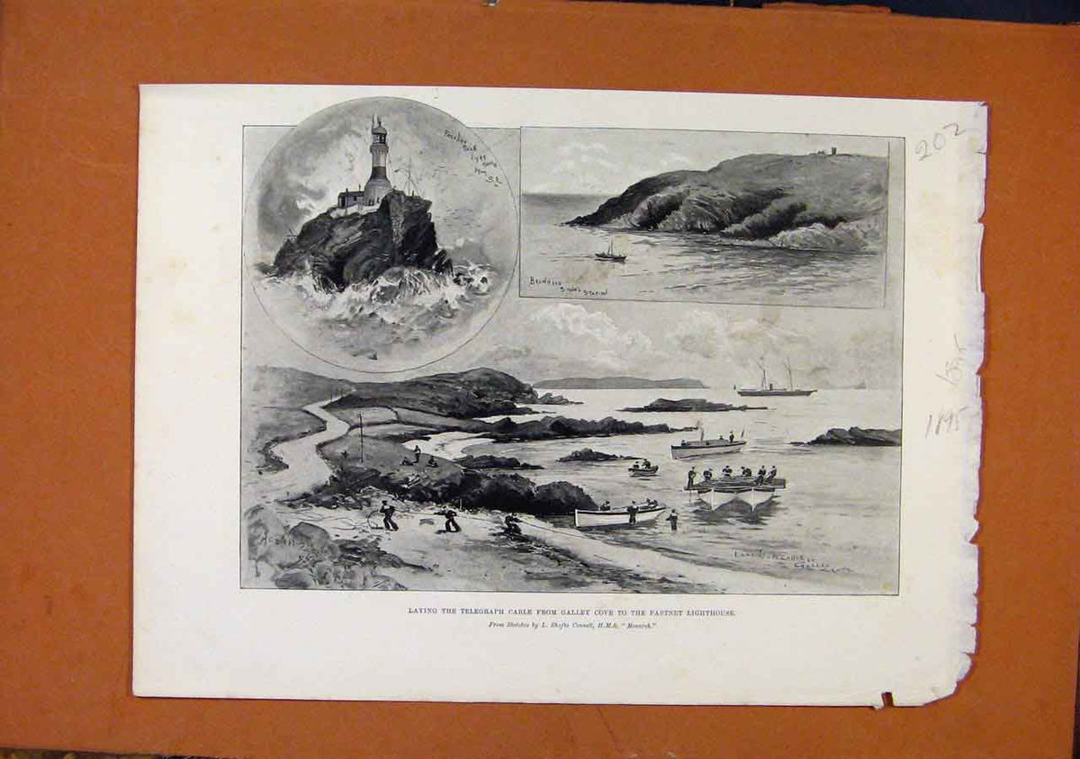 Original Old Antique Print Laying Telegraph Cable Cove Fanstnet Lighthouse C1895