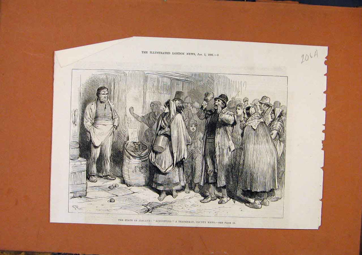 Original Old Antique Print State Ireland Boycotting Mayo C1881 London News 19th