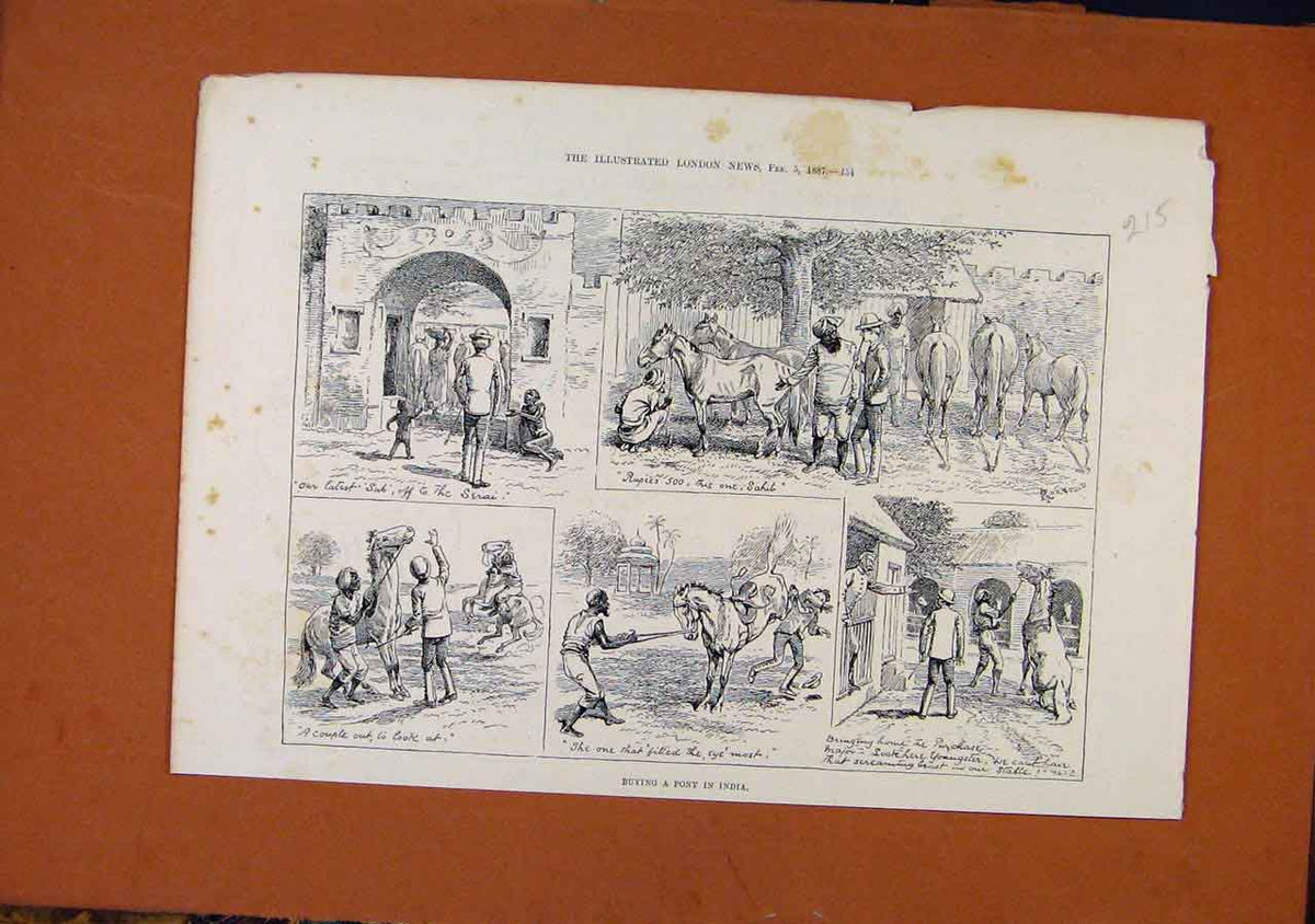 Original Old Antique Print Buying Pony Indian C1887 Illustrated London News 19th