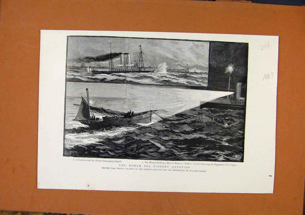 Original Old Antique Print C1887 North Sea Fishery Illustrated London News 19th