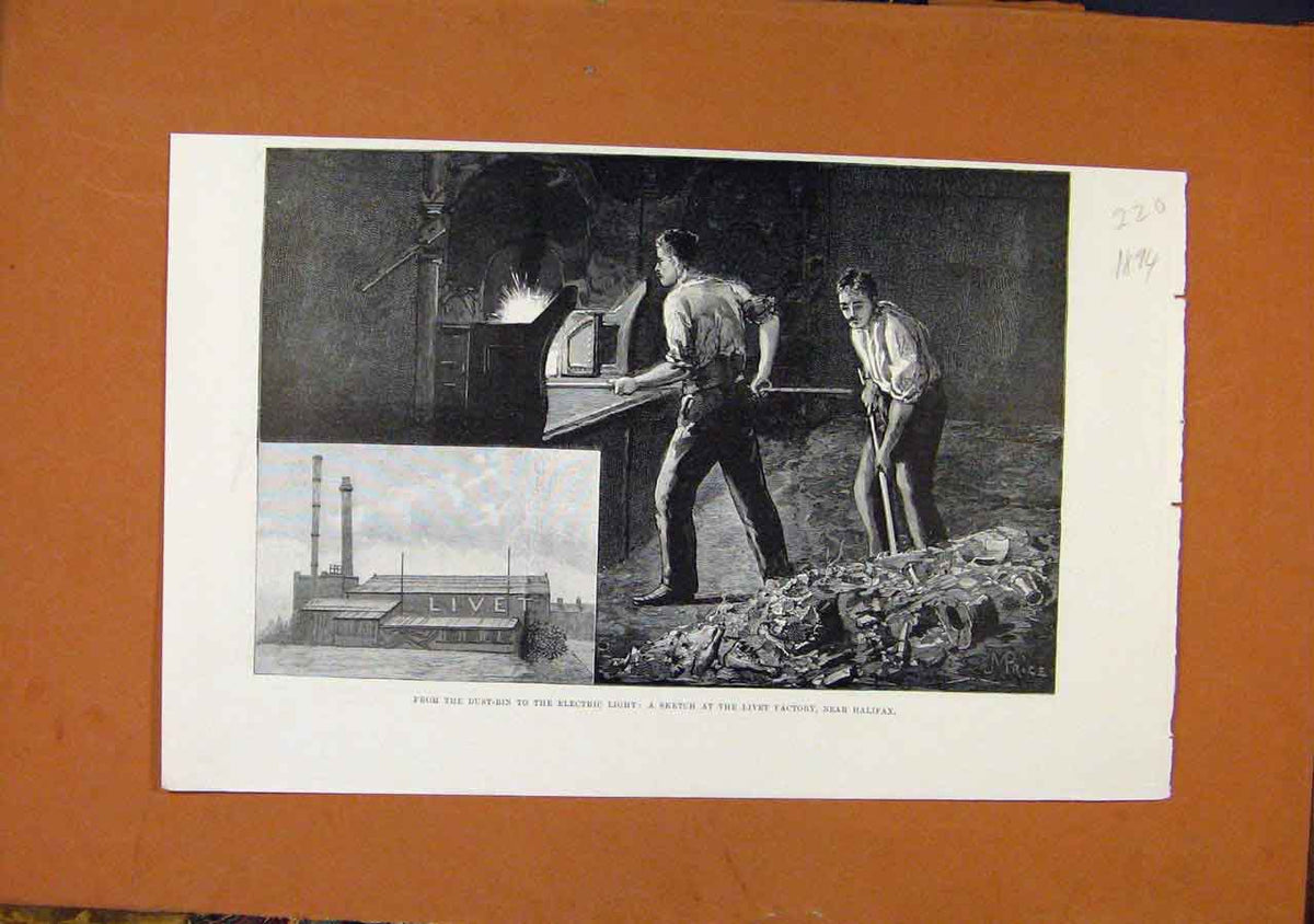 Original Old Antique Print C1894 Kivet Factory Halifax Electric Light Victorian