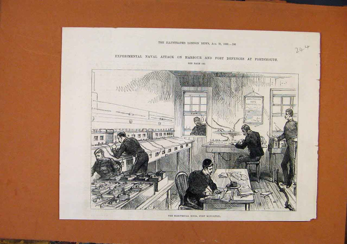 Original Old Antique Print Electrical Room Fort Monckton Naval Attack C1880 19th