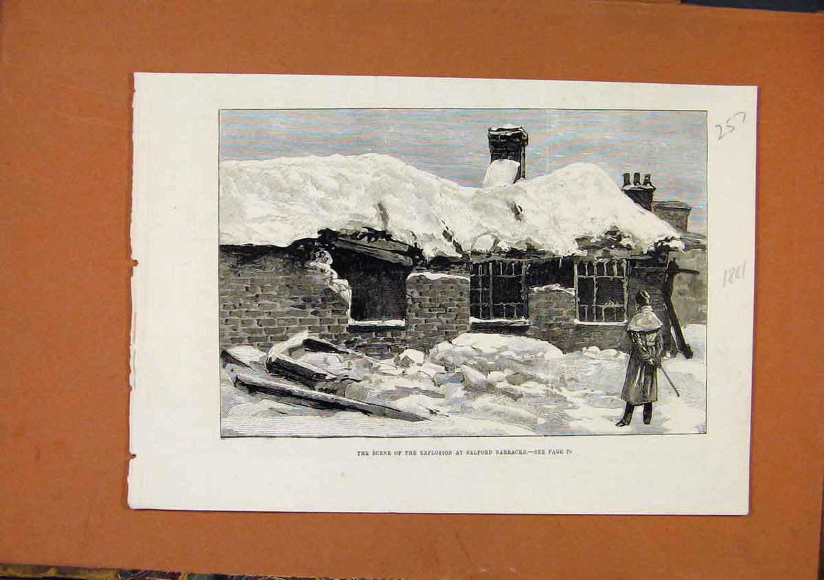 Original Old Antique Print Scene Explosion Salford Barracks C1881 19th