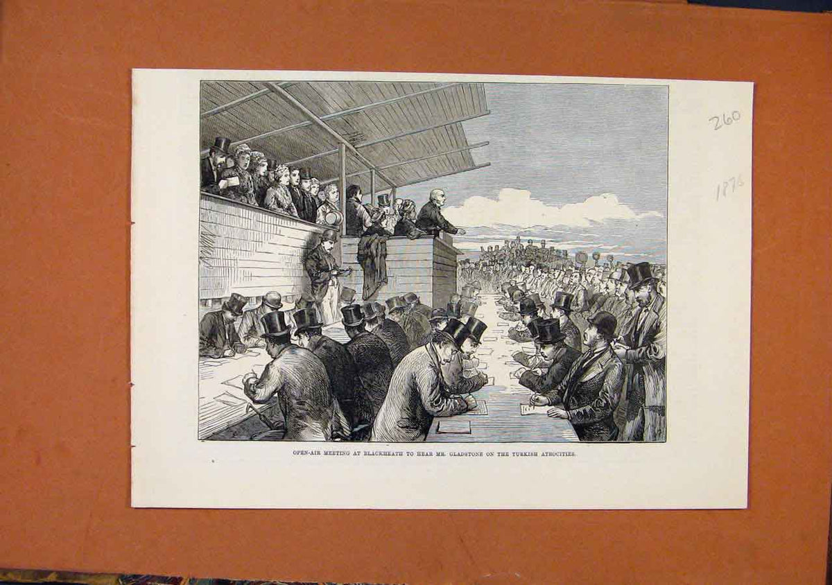 Original Old Antique Print Blackheath Open Air Meeting Turkish Atrocities C1876