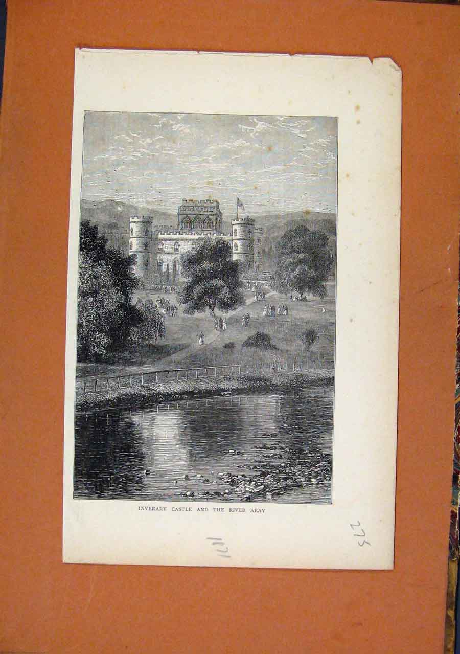 Original Old Antique Print C1871 Inverary Castle River Aray 19th