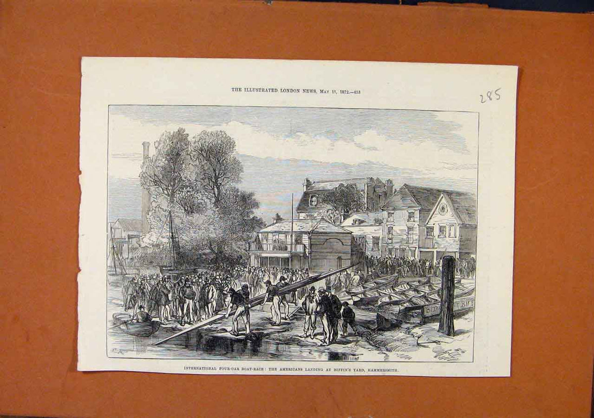 Original Old Antique Print International Four Oar Boat Race Hammersmith C1872
