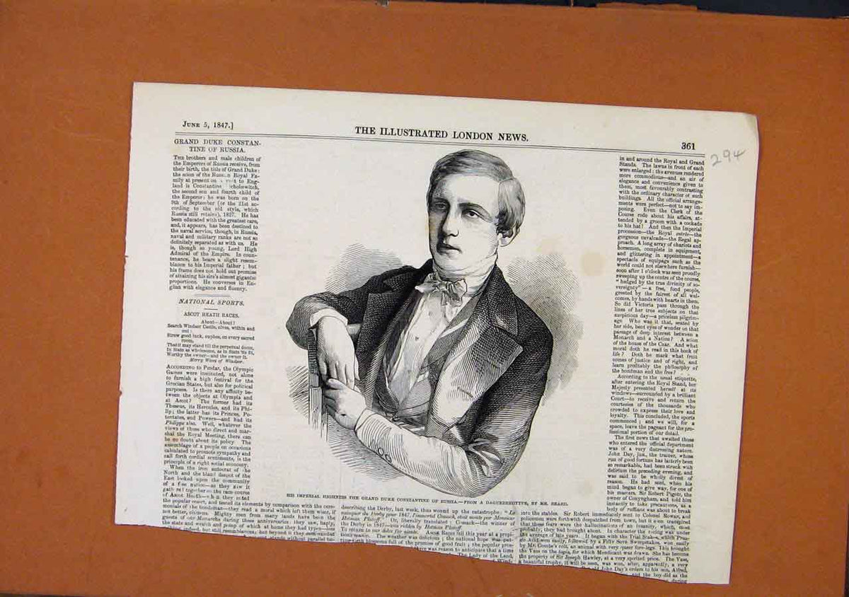 Original Old Antique Print C1847 Grand Duke Constantine Russia London News 19th