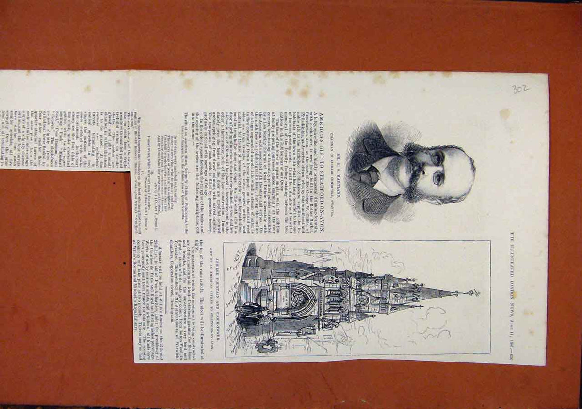 Original Old Antique Print Jubilee Fountains Clock Tower C1887 19th