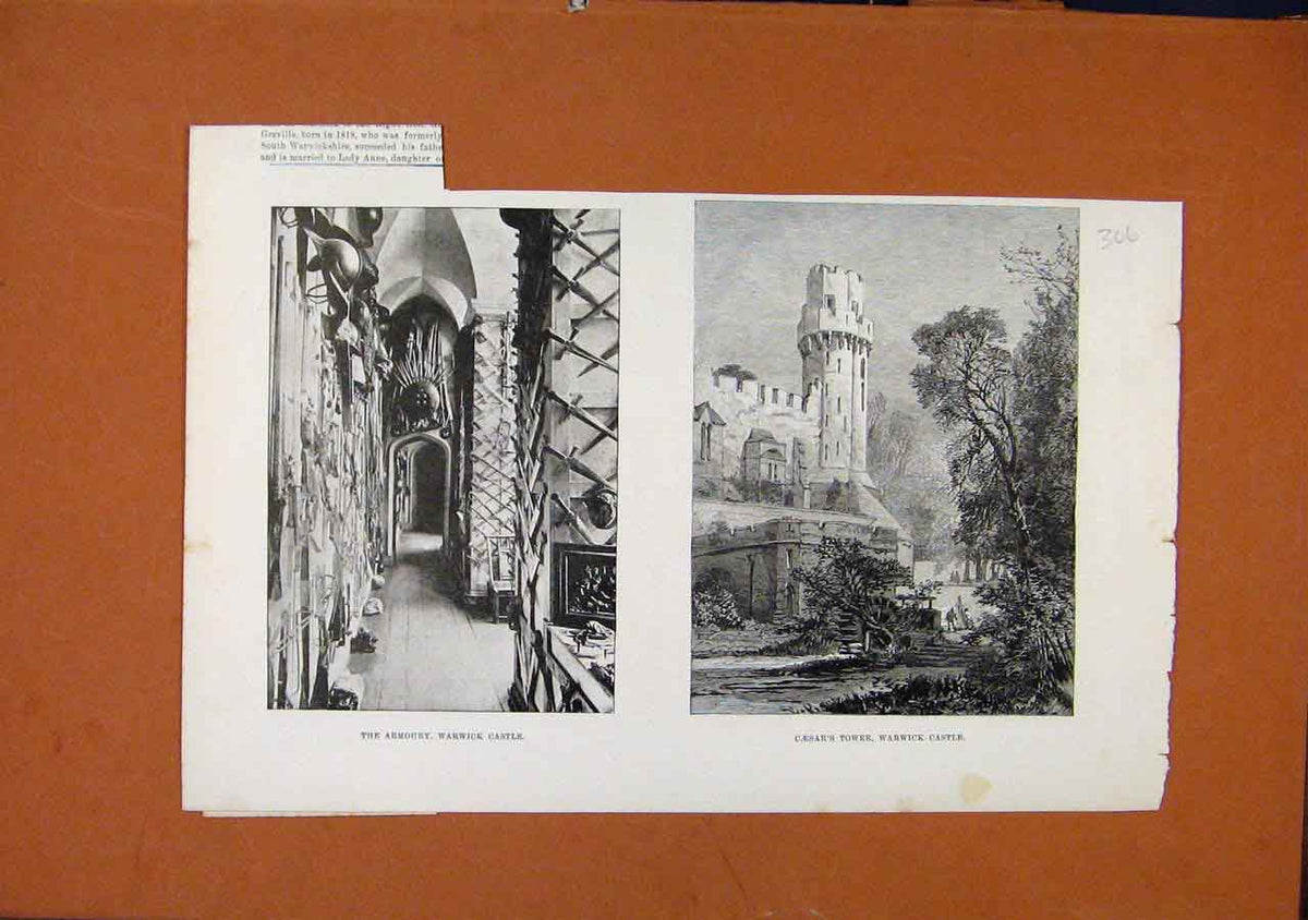 Original Old Antique Print Armoury Warwick Castle Caesars Tower