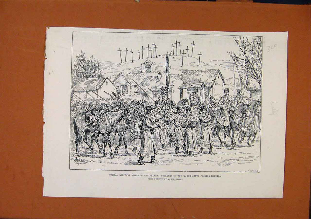 Original Old Antique Print Russian Miltary Poland Kuznica C1887 19th