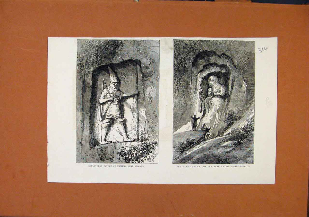 Original Old Antique Print Sculptured Figure Nymphi Mount Sipylus Magnesia C1880