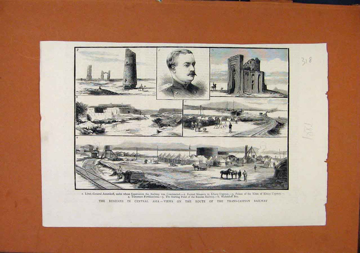 Original Old Antique Print Russians Central Asia Transcaspian Railway C1881 19th