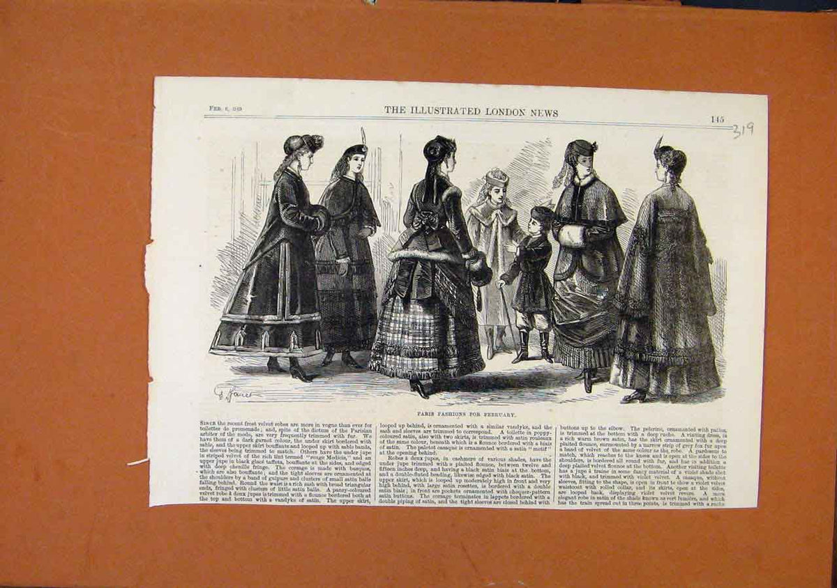 Original Old Antique Print Paris Fashions February C1869 Illustrated London News