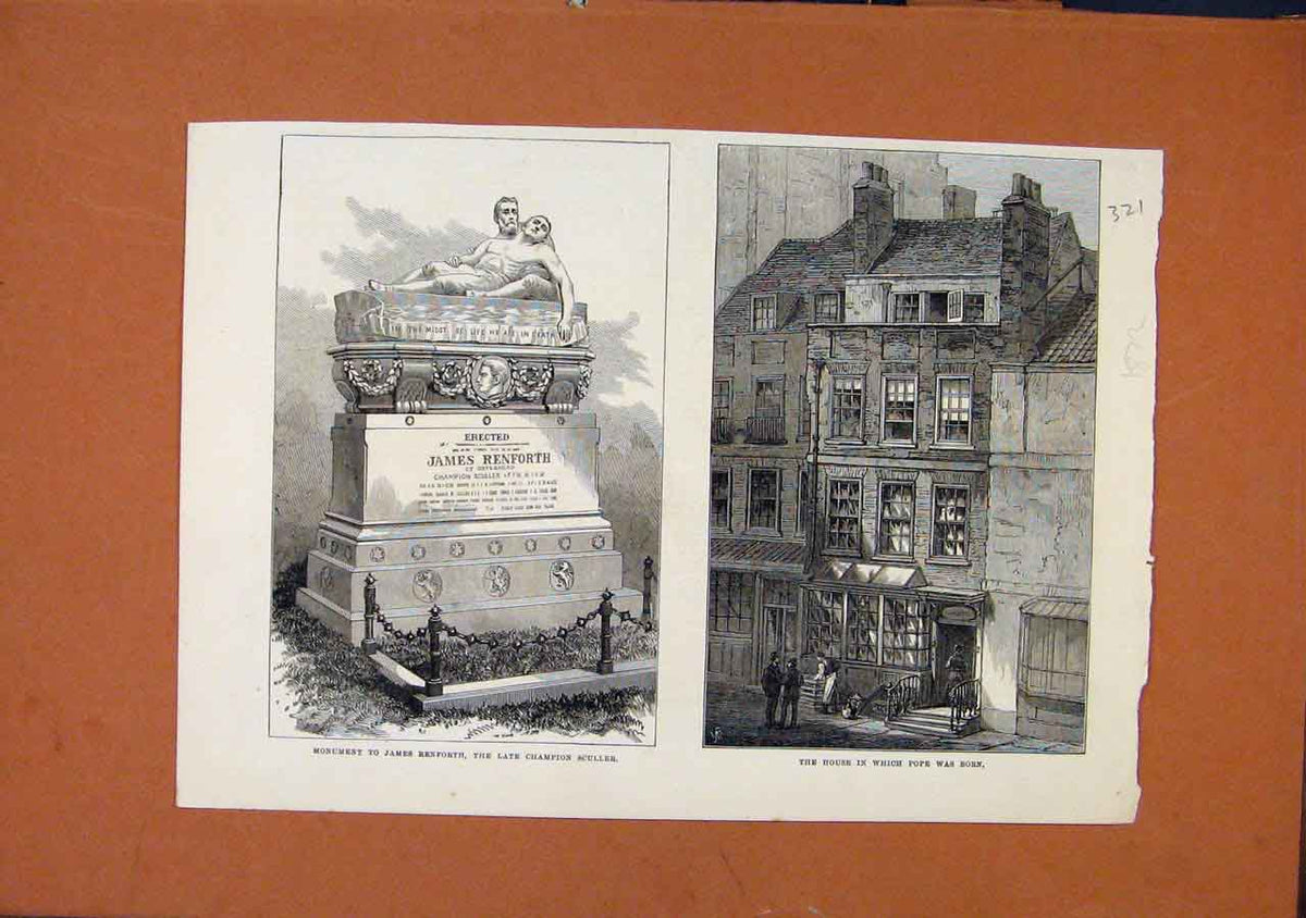 Original Old Antique Print C1872 Monument James Benforth Popes Birth Place C1872