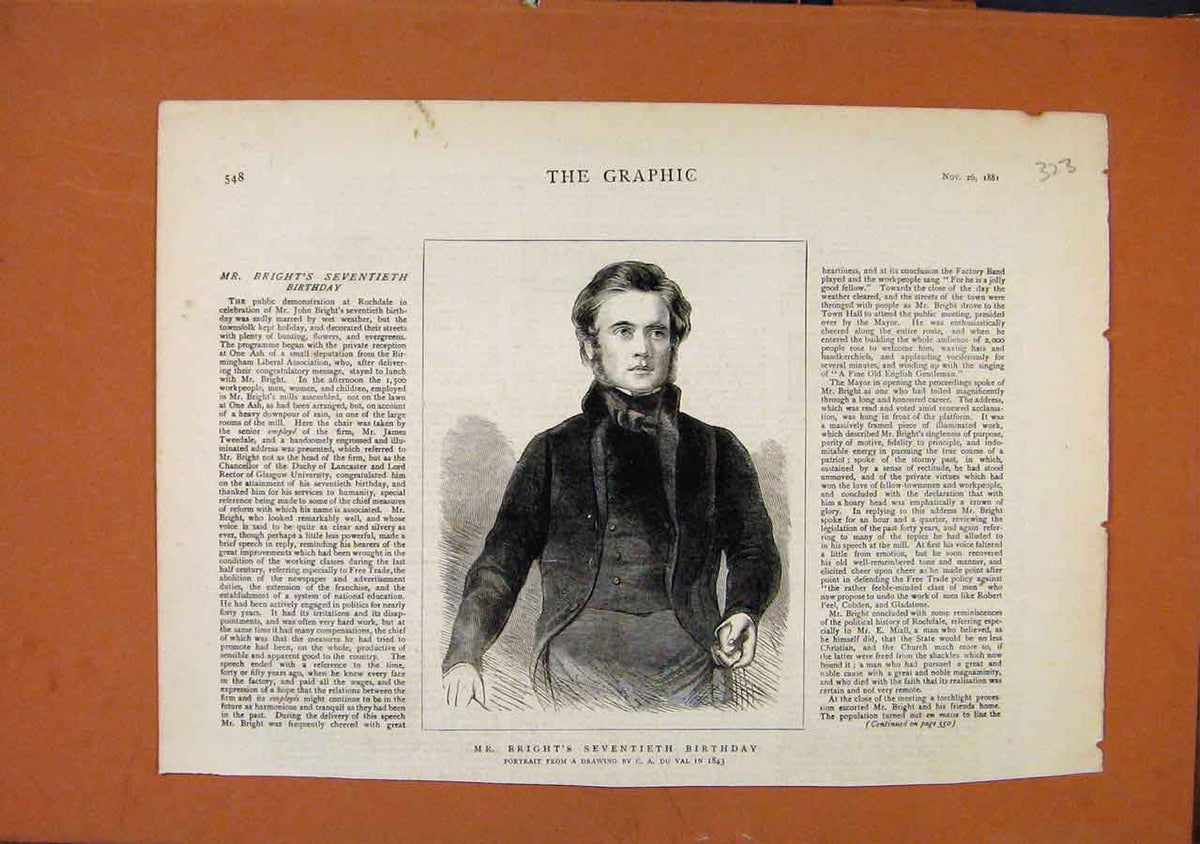 Original Old Antique Print The Graphic Brights Seventieth Birthday 1843 Portrait