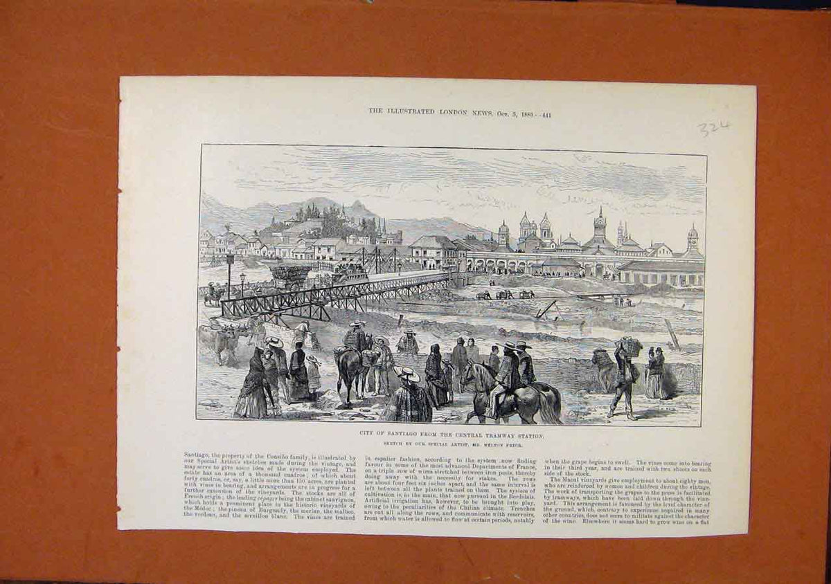 Original Old Antique Print City Santiago Central Tramway Station C1889 Victorian