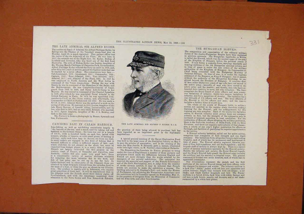 Original Old Antique Print Late Admiral Sir Alfred Ryder C1888 London News 19th