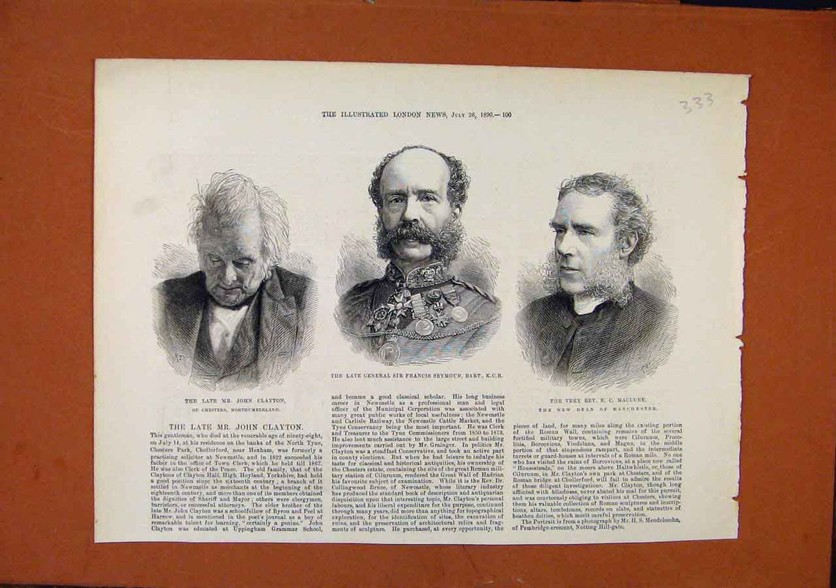 Original Old Antique Print Late John Clayton Sir Francis Seymour C1890 Victorian