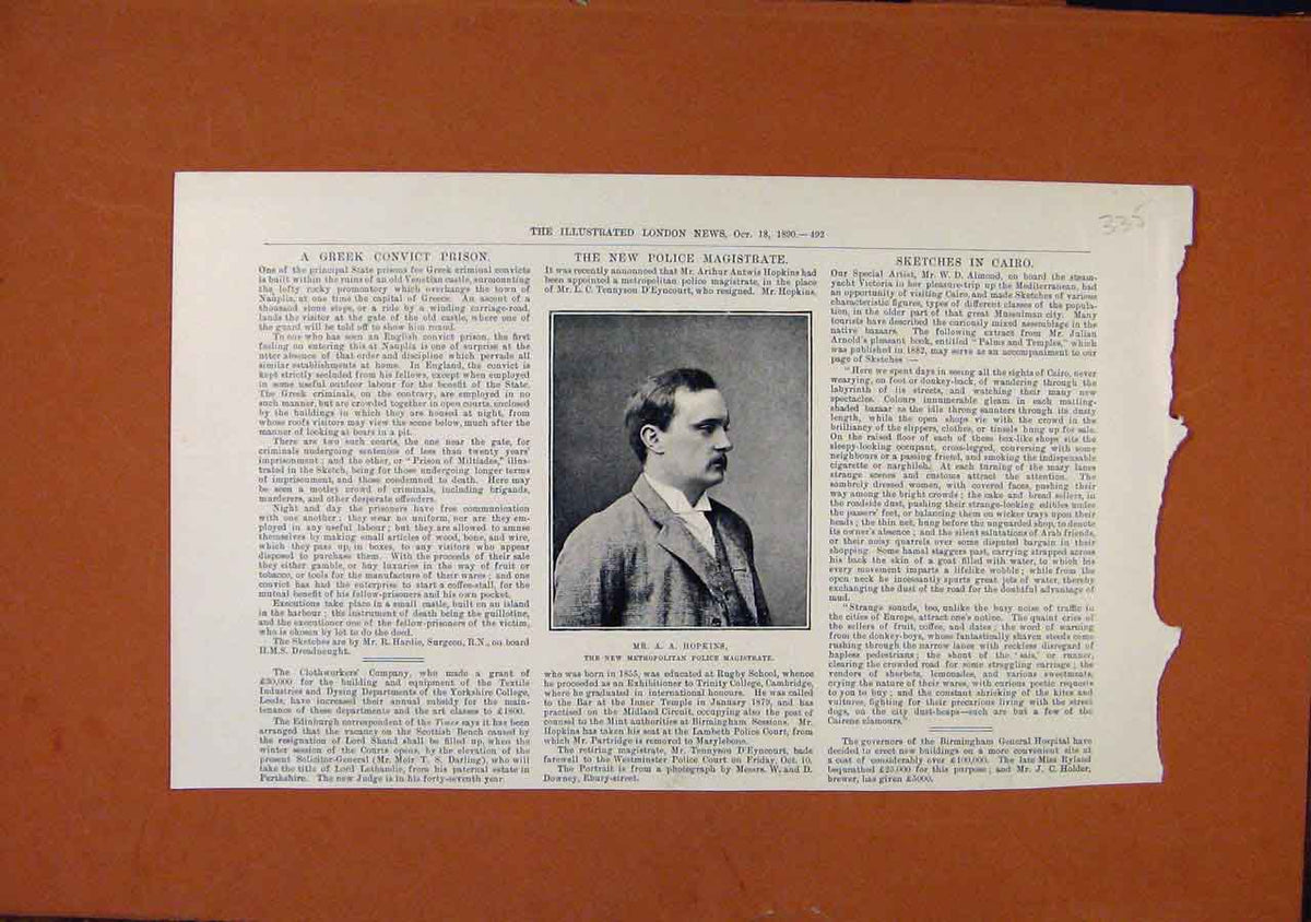 Original Old Antique Print Metroplotian Plice Magistrate C1890 19th