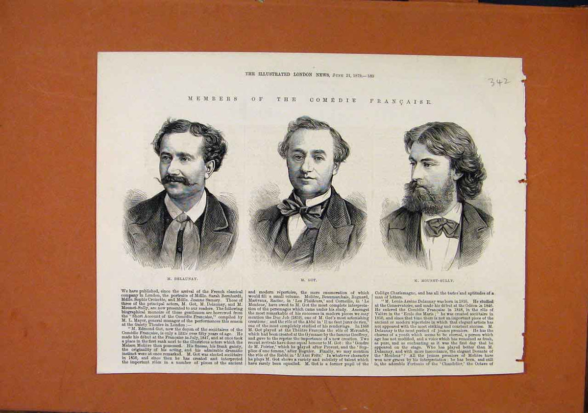 Original Old Antique Print Member Comedie Francaise C1879 London News Victorian