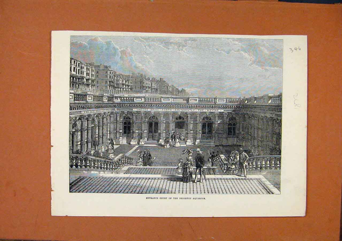 Original Old Antique Print Entrance Court Brighton Aquarium C1872 19th