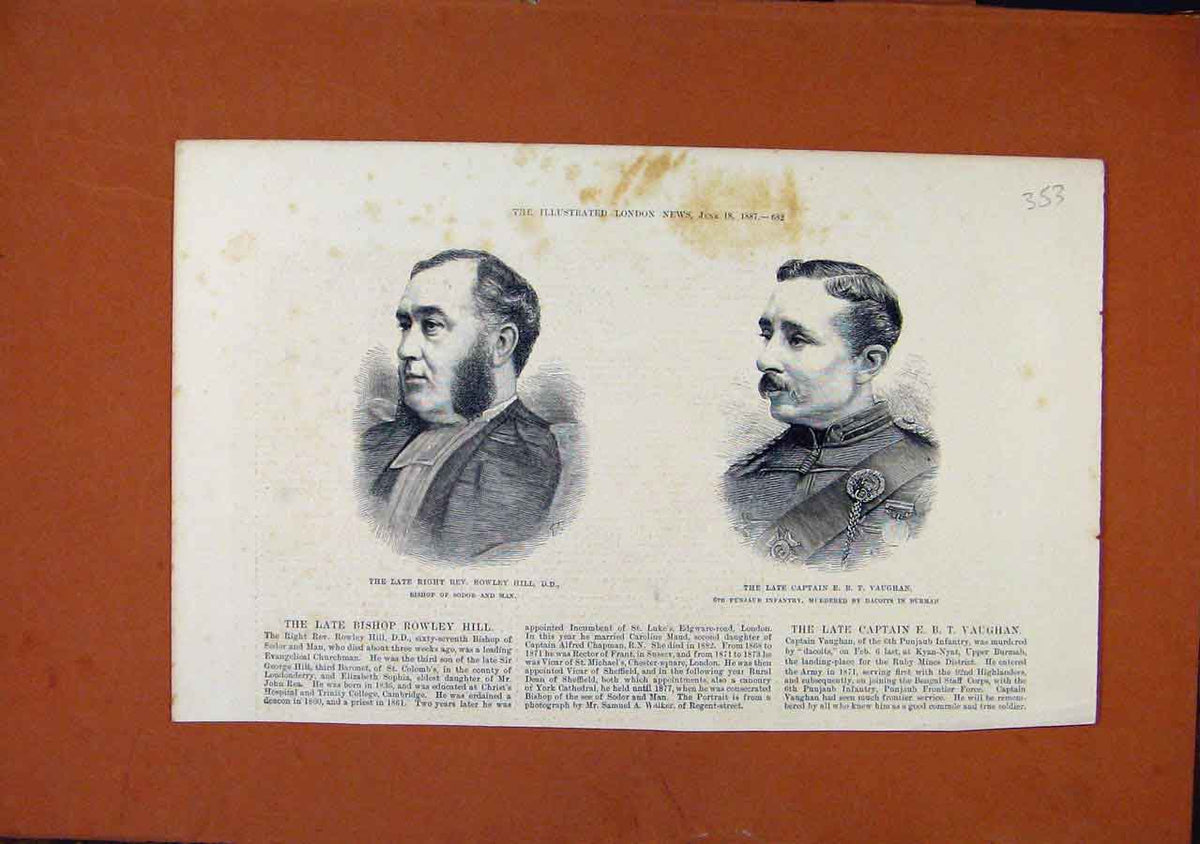 Original Old Antique Print Late Rowley Hill Captain Vaughan C1887 19th