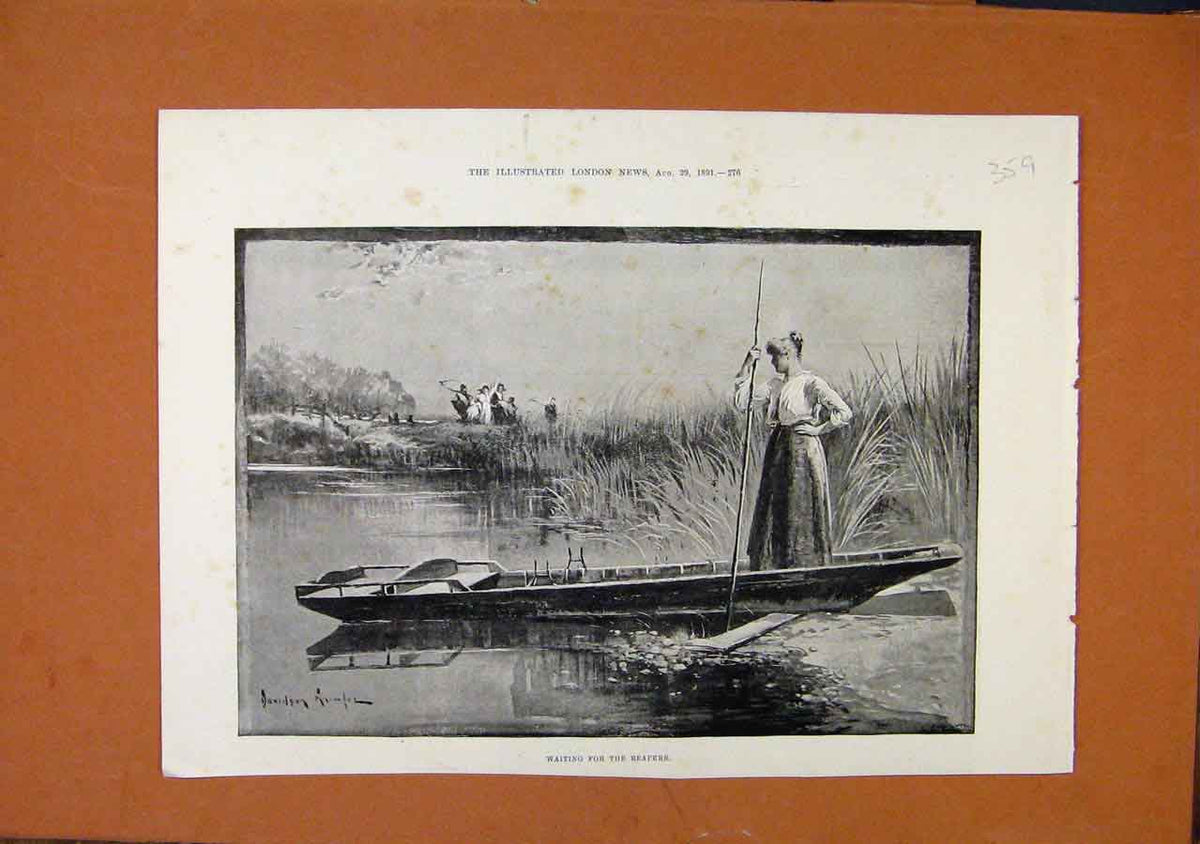 Original Old Antique Print Waiting For Reapers Thames River C1891 19th