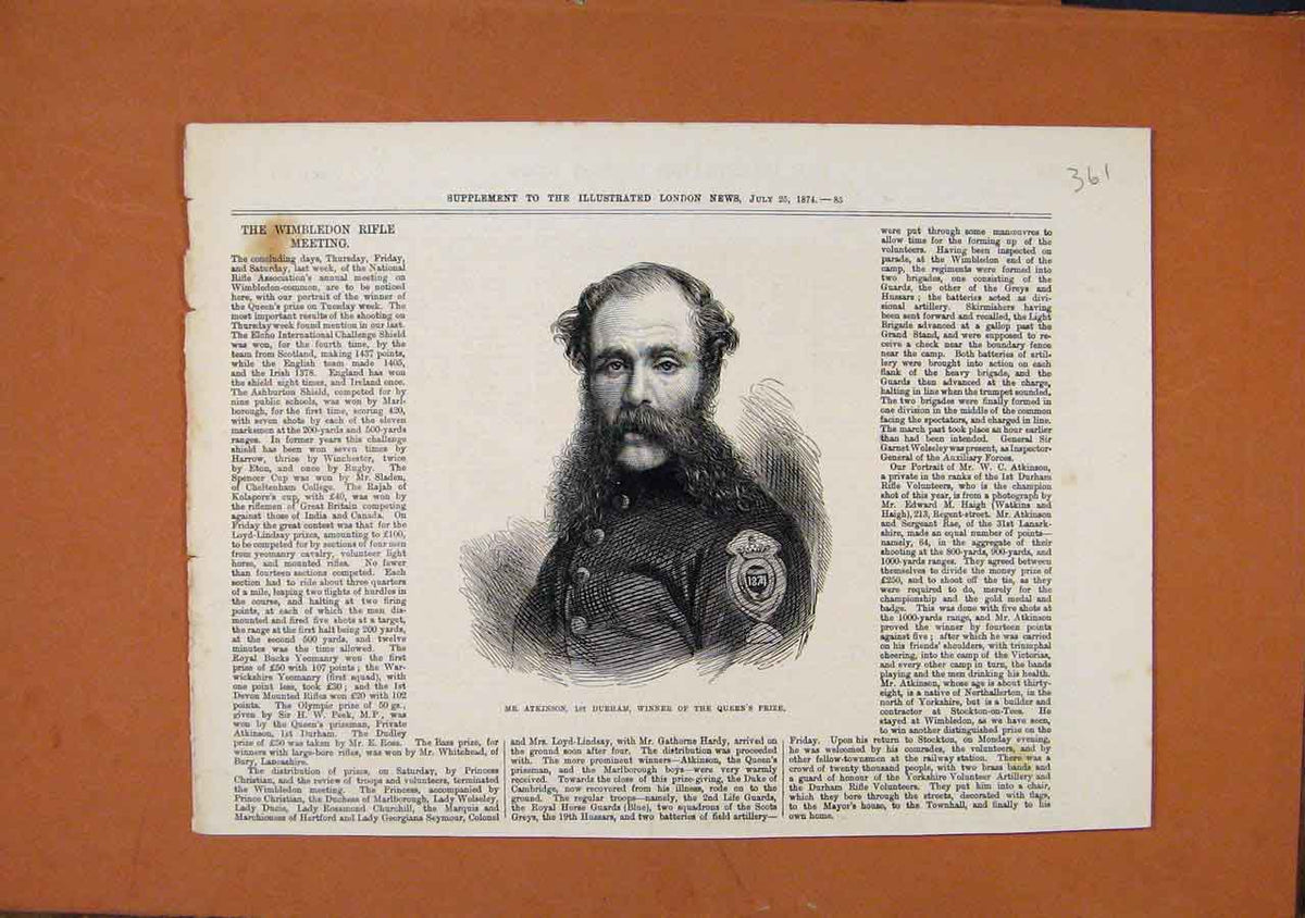 Original Old Antique Print Mr Atkinson Durham Winner Queens Prize