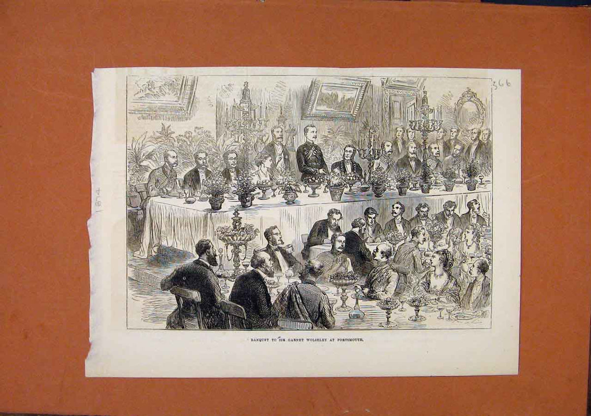 Original Old Antique Print Banquet Sir Gabnet Wolseley Portsmouth C1874 19th