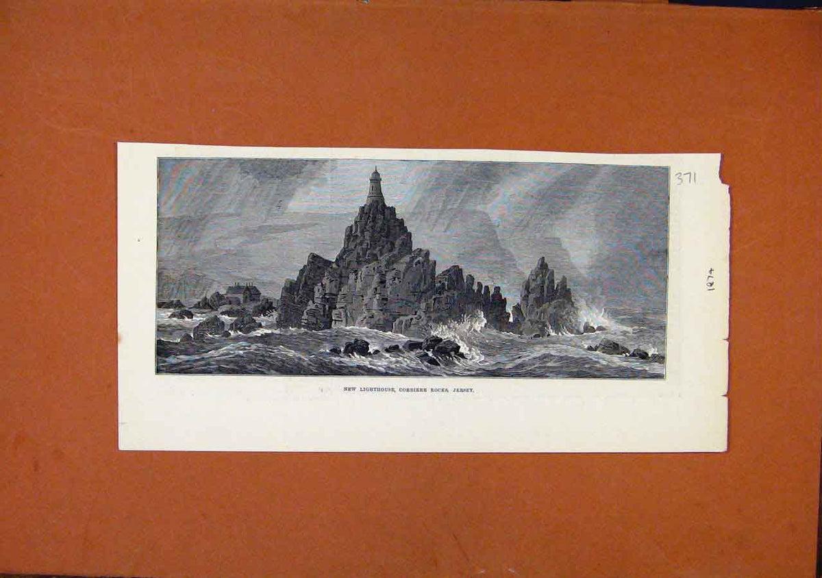 Original Old Antique Print New Lighthouse Corbiere Rocks Jersey C1874 Victorian