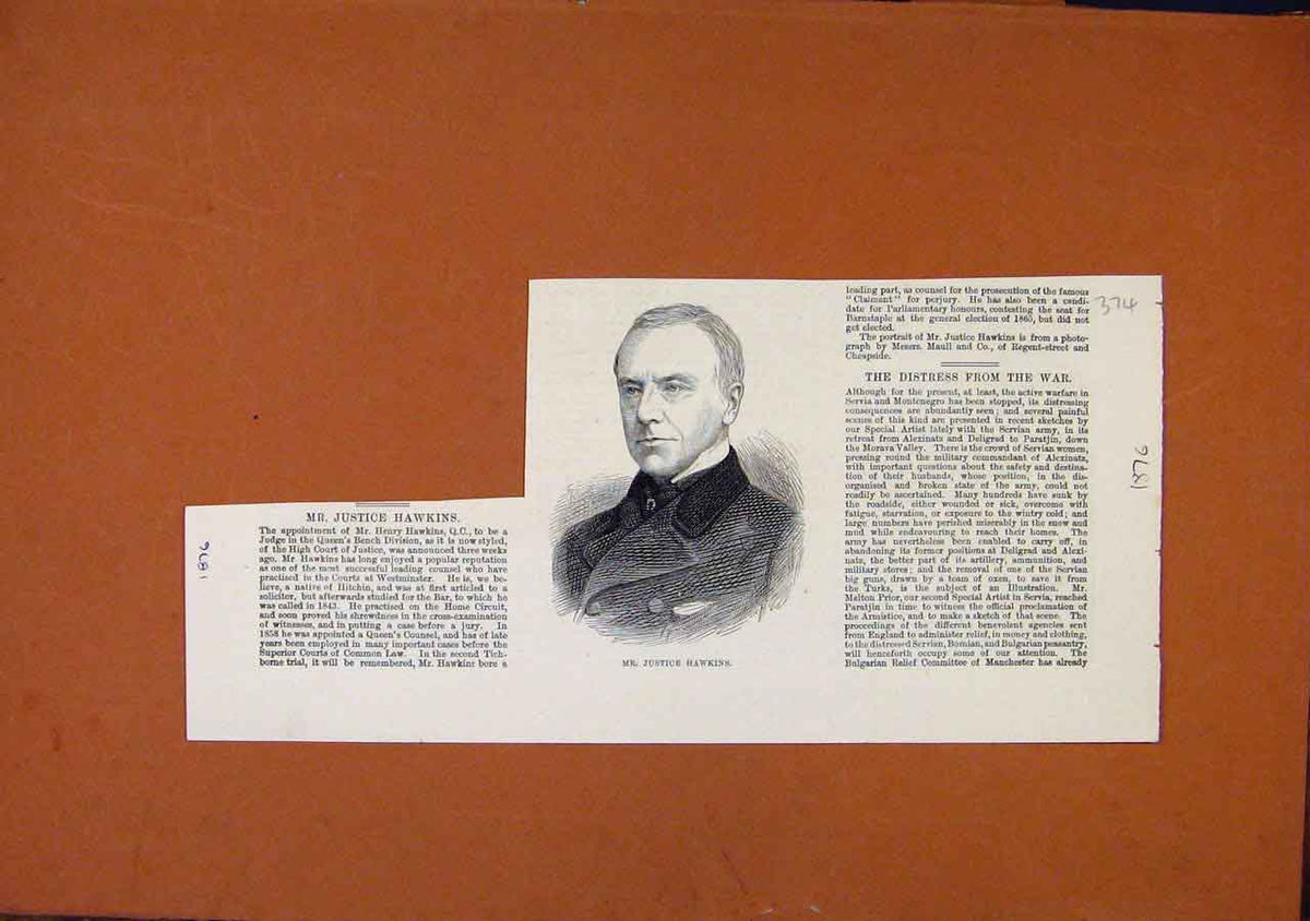 Original Old Antique Print C1876 Mr Justice Hawkins Illustrated London News 19th