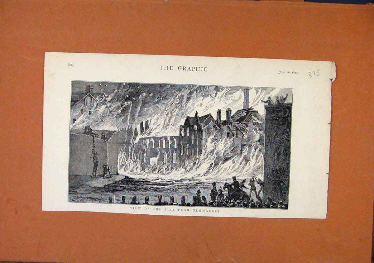 Original Old Antique Print View Fire From Newmarket C1875 The Graphic Victorian