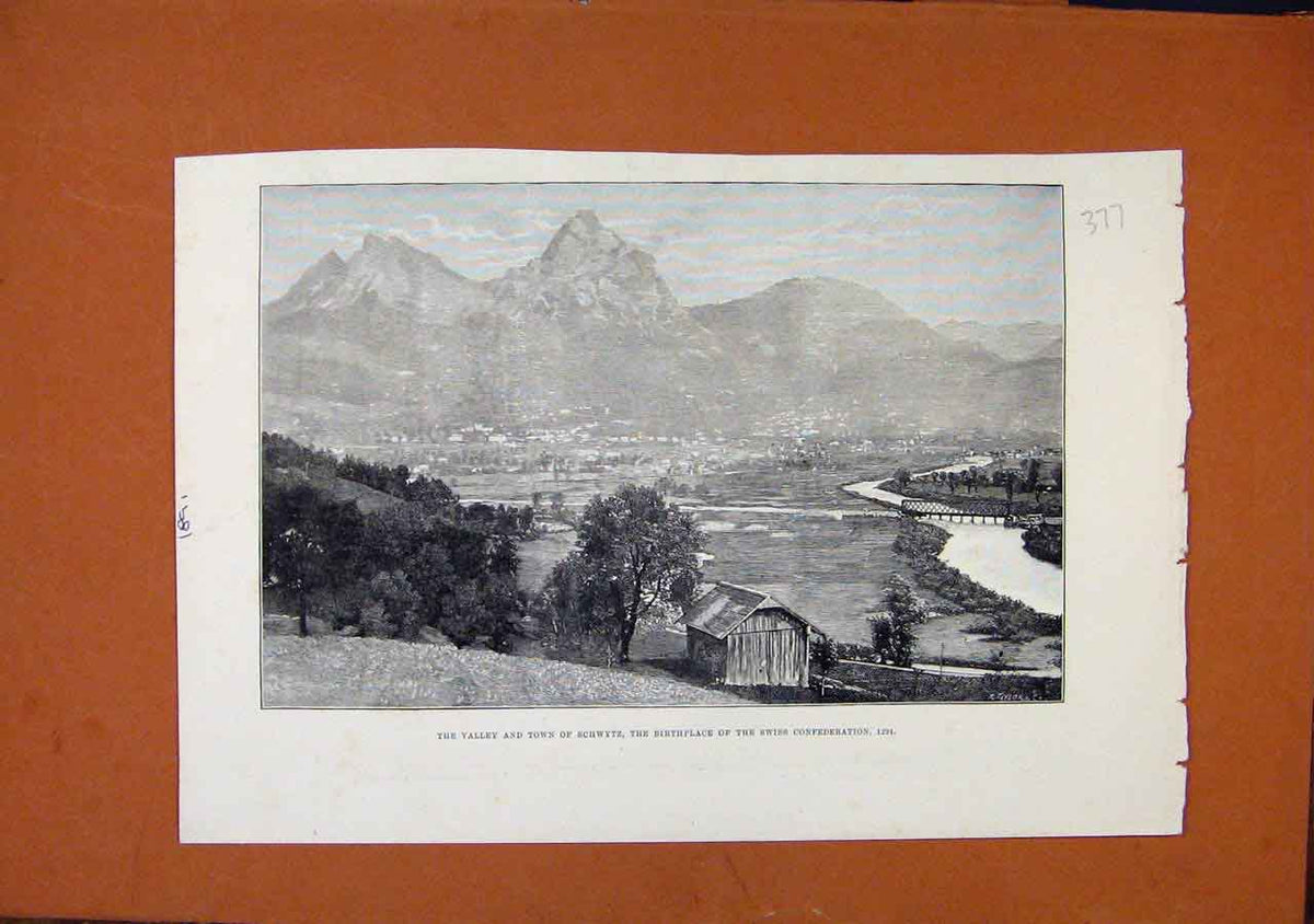 Old Antique Print Valley Town Schwytz Birthplace Swiss Confederation 1891 19th