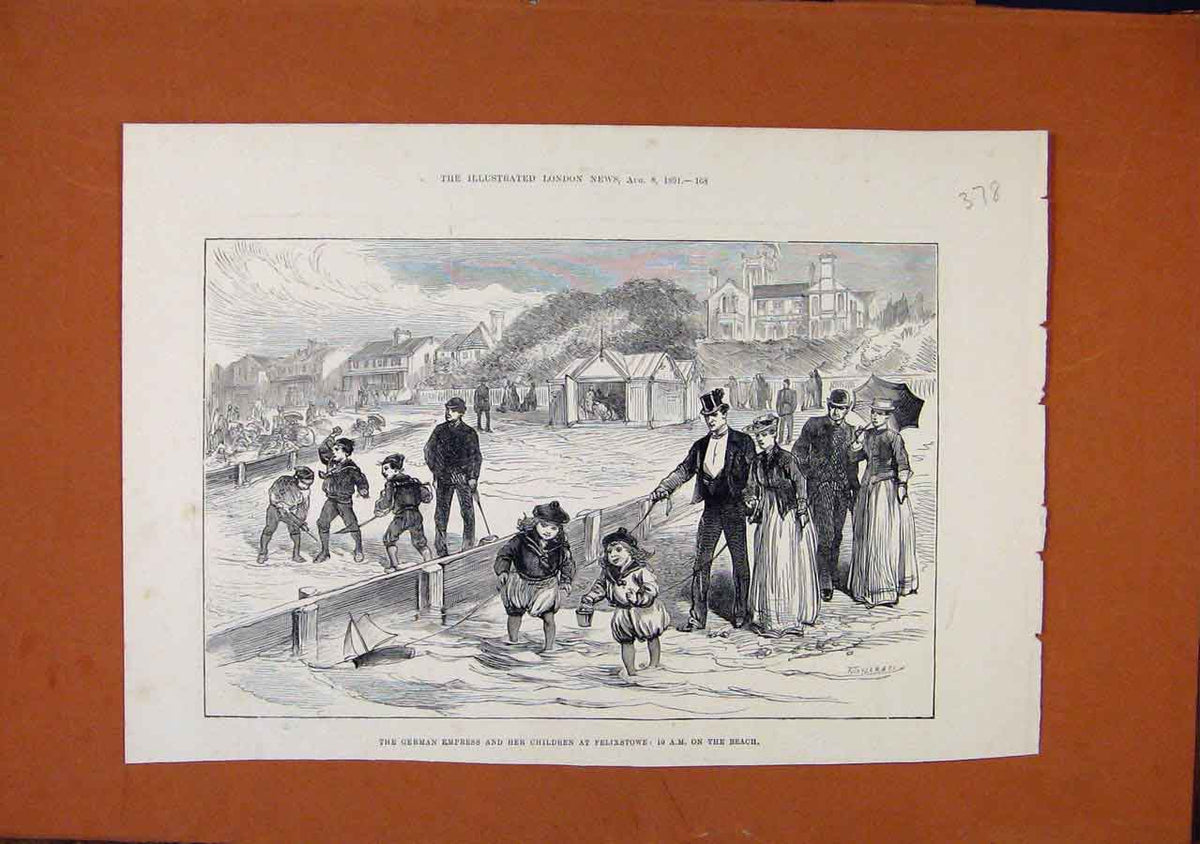 Original Old Antique Print German Empress Children Fleixstowe Beach C1891 19th