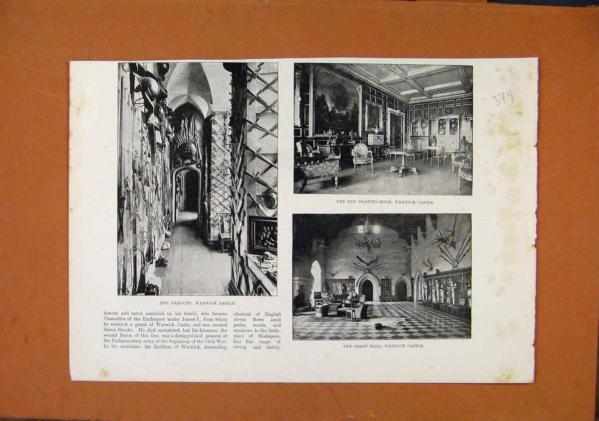 Original Old Antique Print Armoury Warwick Castle Illustrated London News