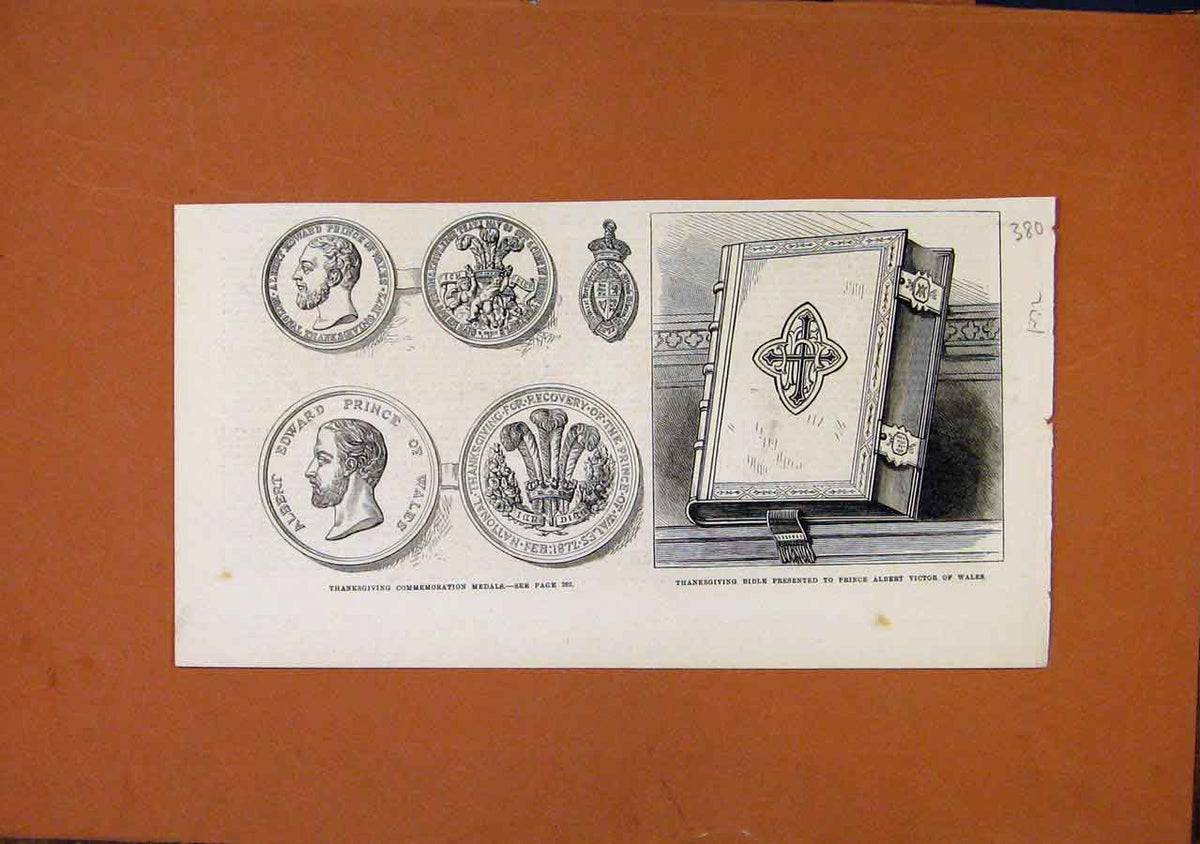 Original Old Antique Print C1872 Thanksgiving Commemoration Medals Bible 19th