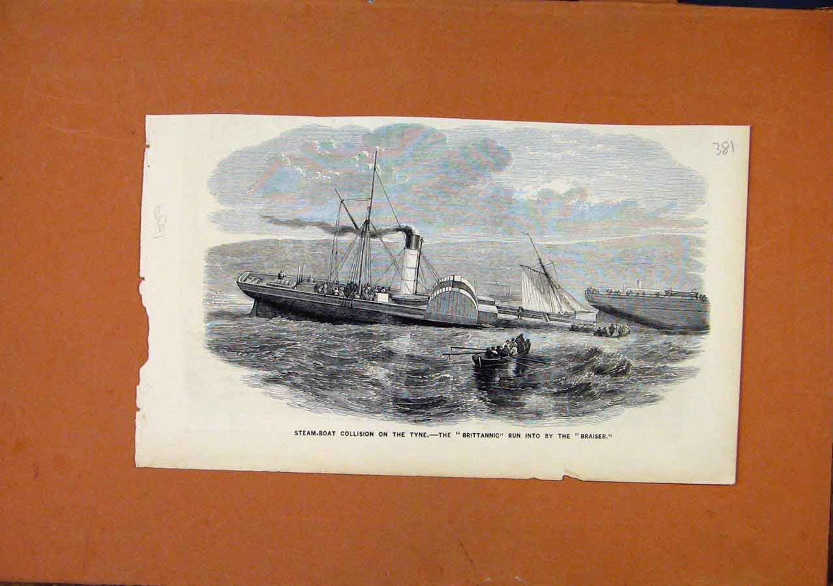 Original Old Antique Print Steamboat Collision Tyne Brittannic Braiser C1859