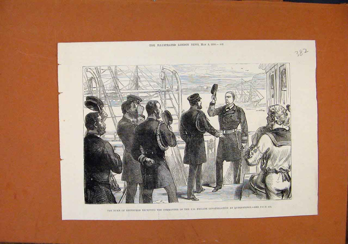 Original Old Antique Print Duke Edinburgh Commander Frigate Queenstown C1880