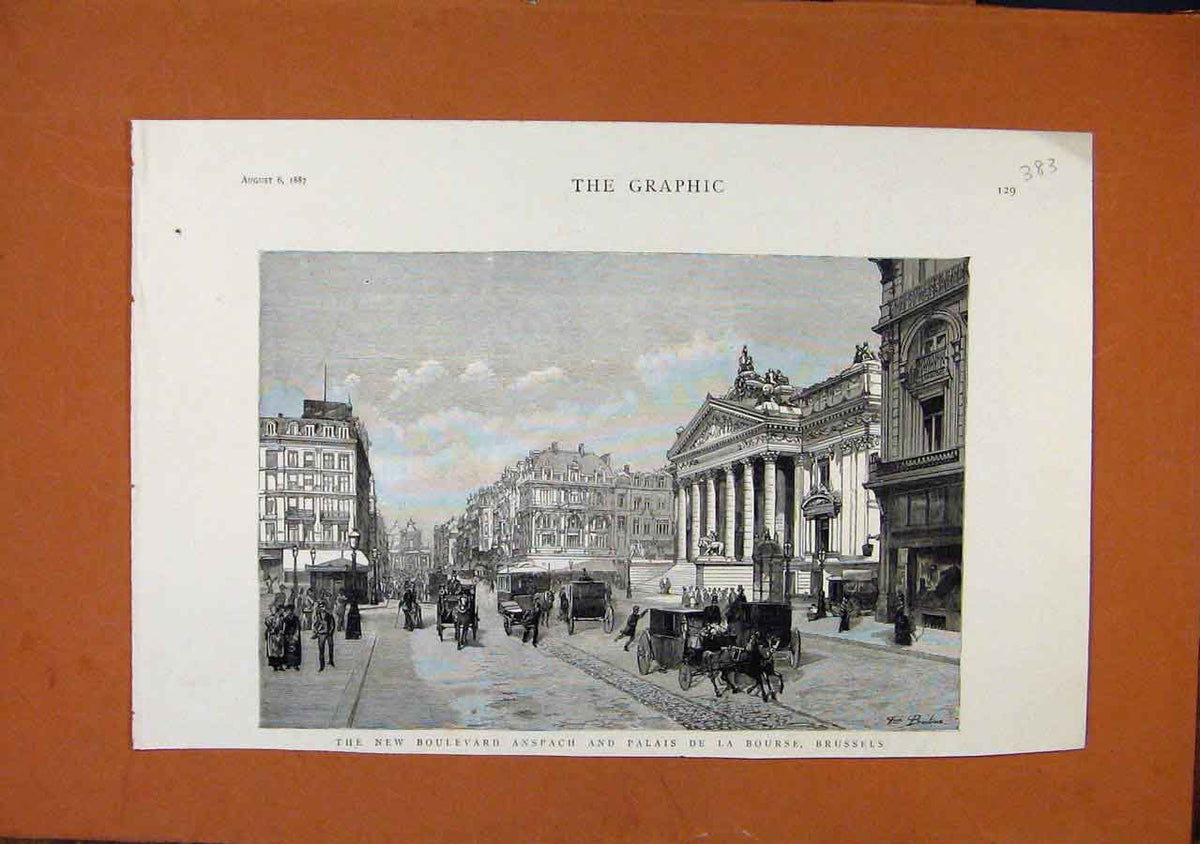 Old Antique Print 1887 New Boulevard Anspach Palais De La Bourse Brussels 19th